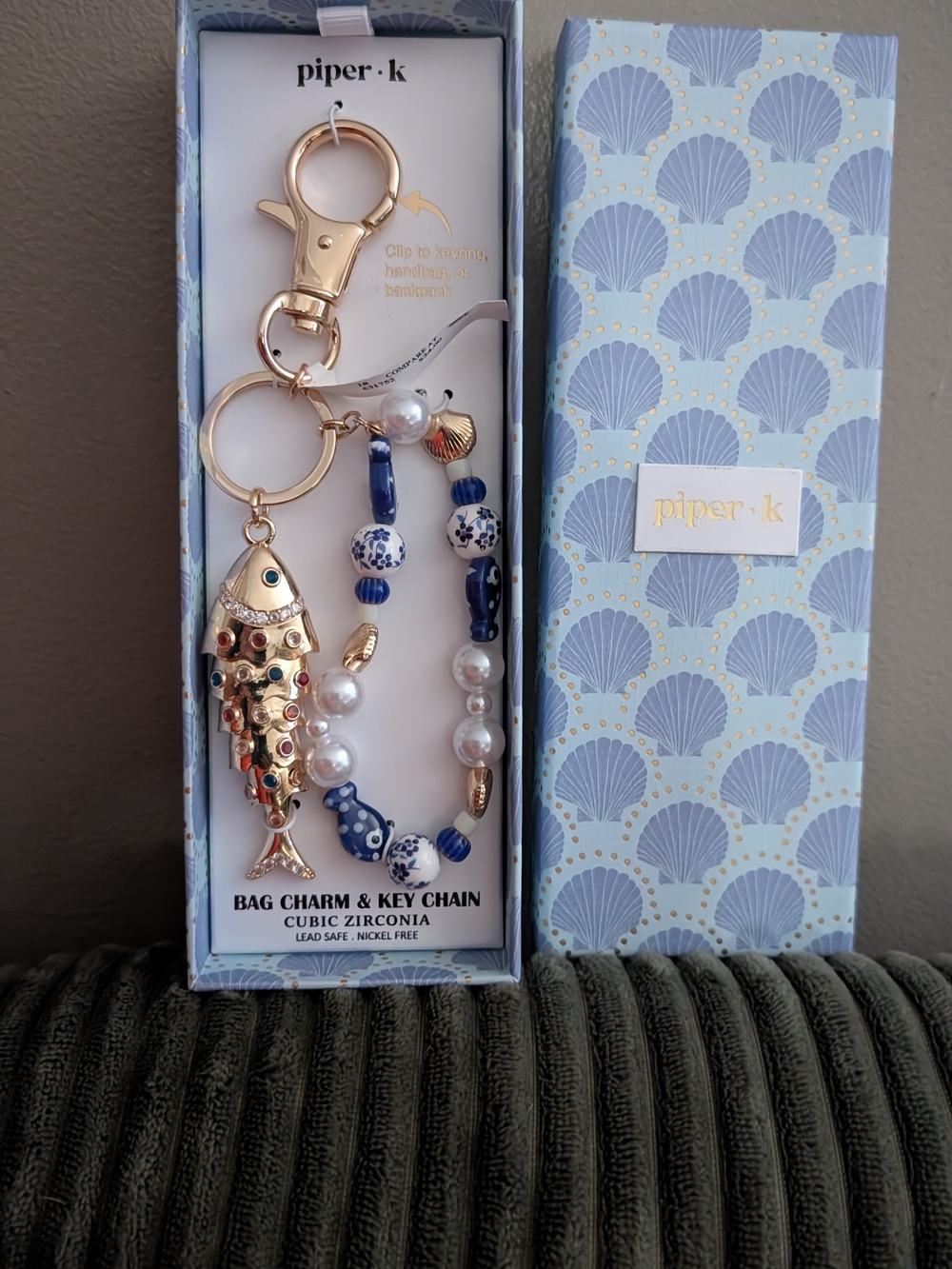 piper•k Gold Fish Bag Charm & Blue Beaded Key Chain